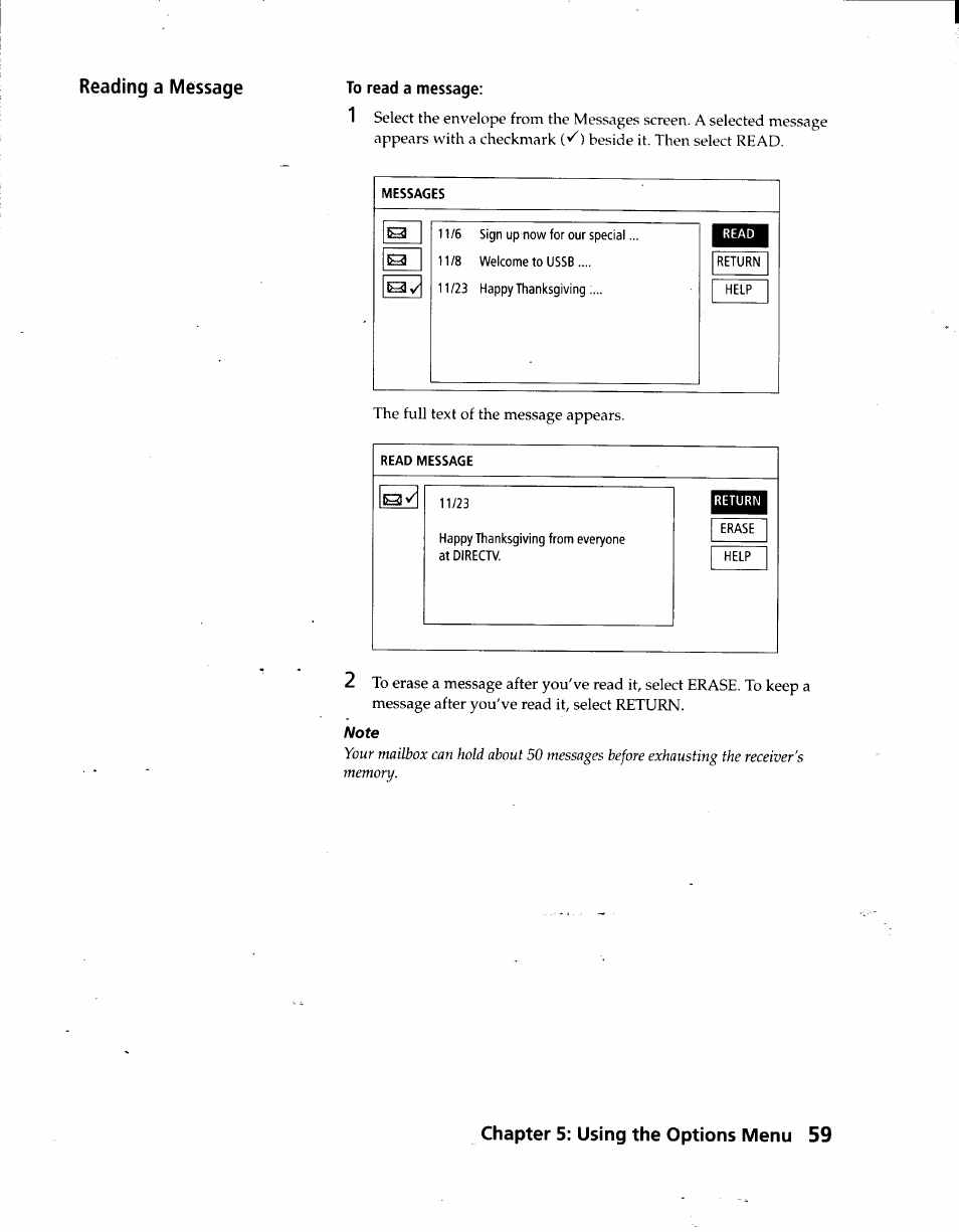 Reading a message, Chapter 5: using the options menu 59 | Sony SAT-A3 User Manual | Page 59 / 116