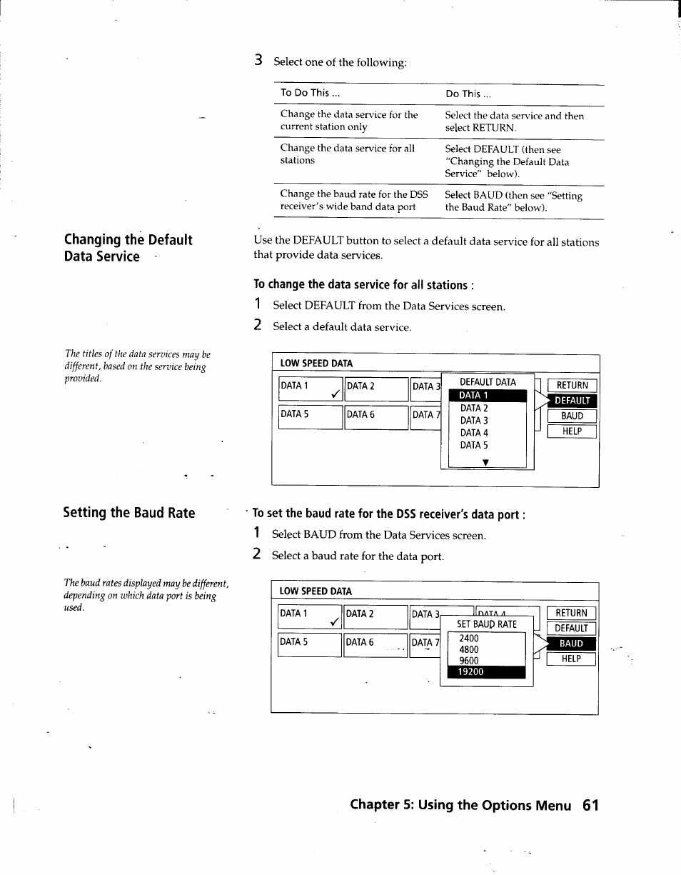 To change the data service for all stations, Changing the default data service, Setting the baud rate | Chapter 5: using the options menu 61 | Sony SAT-A3 User Manual | Page 61 / 116