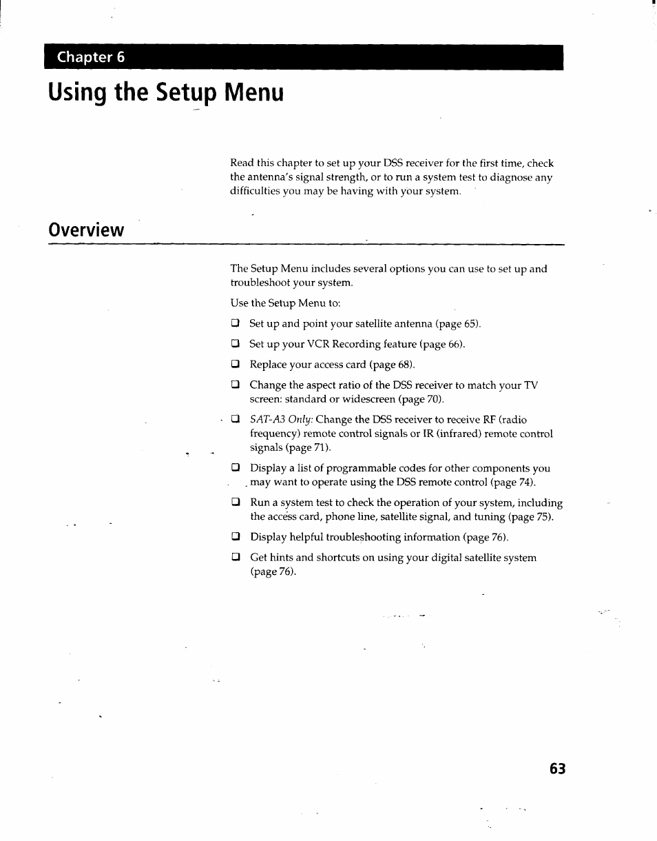 Using the setup menu, Overview | Sony SAT-A3 User Manual | Page 63 / 116