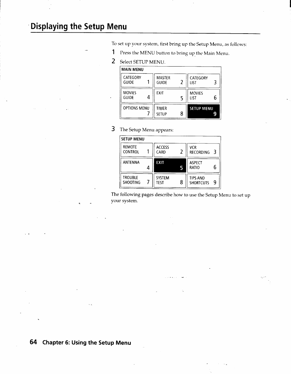 Displaying the setup menu, 64 chapter 6: using the setup menu | Sony SAT-A3 User Manual | Page 64 / 116
