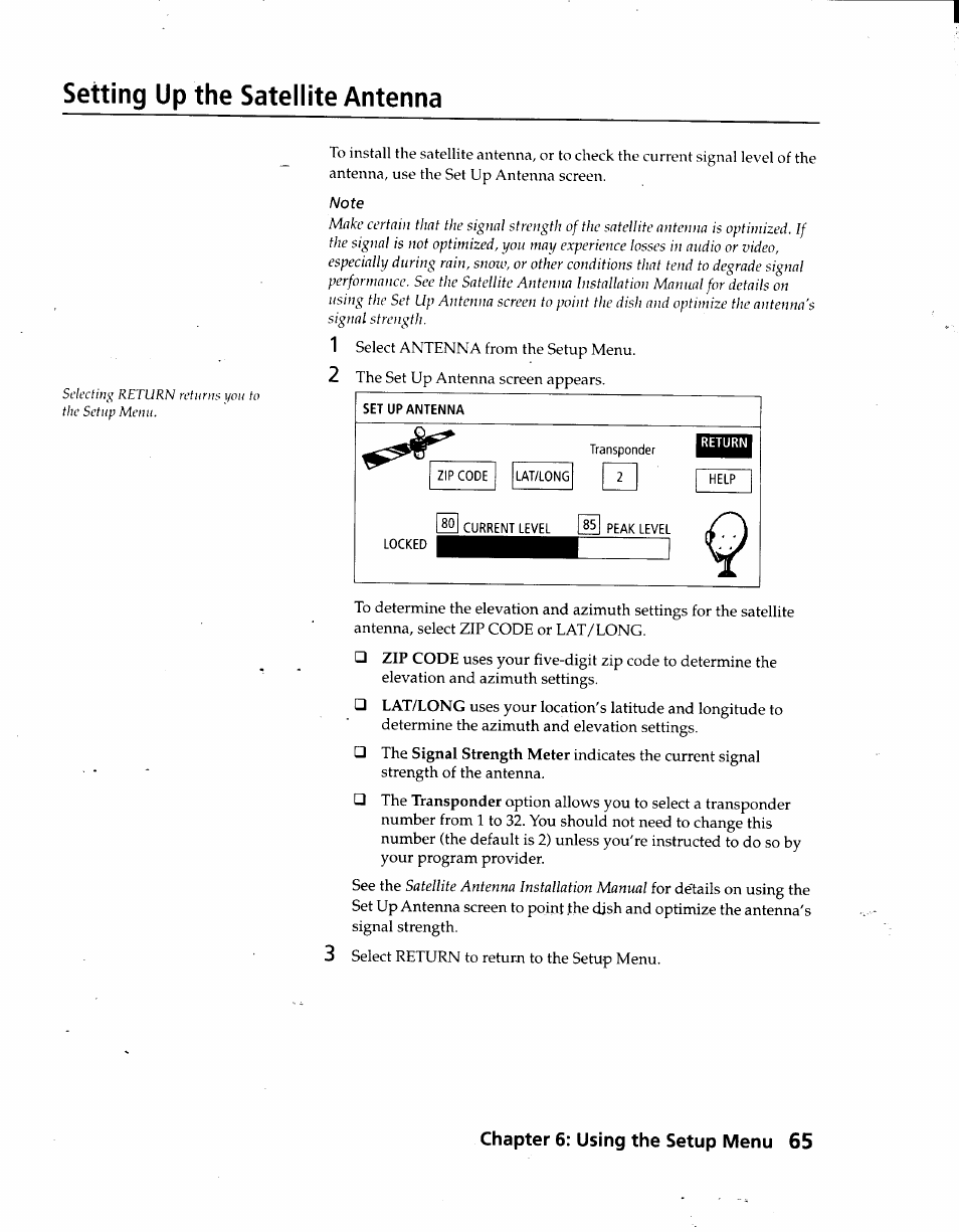 Setting up the satellite antenna, Chapter 6: using the setup menu 65 | Sony SAT-A3 User Manual | Page 65 / 116