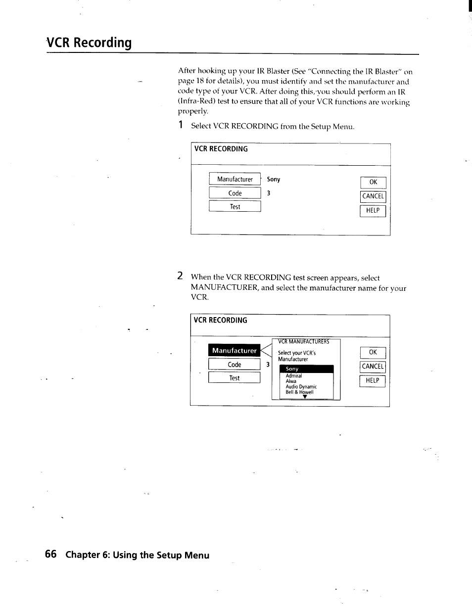 Vcr recording, 66 chapter 6: using the setup menu | Sony SAT-A3 User Manual | Page 66 / 116