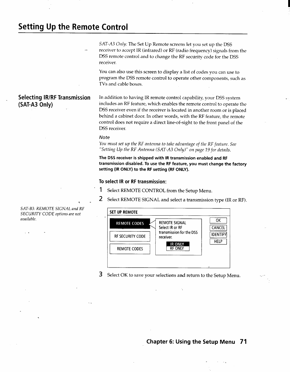 To select ir or rf transmission, Setting up the remote control, Chapter 6: using the setup menu 71 | Sony SAT-A3 User Manual | Page 71 / 116