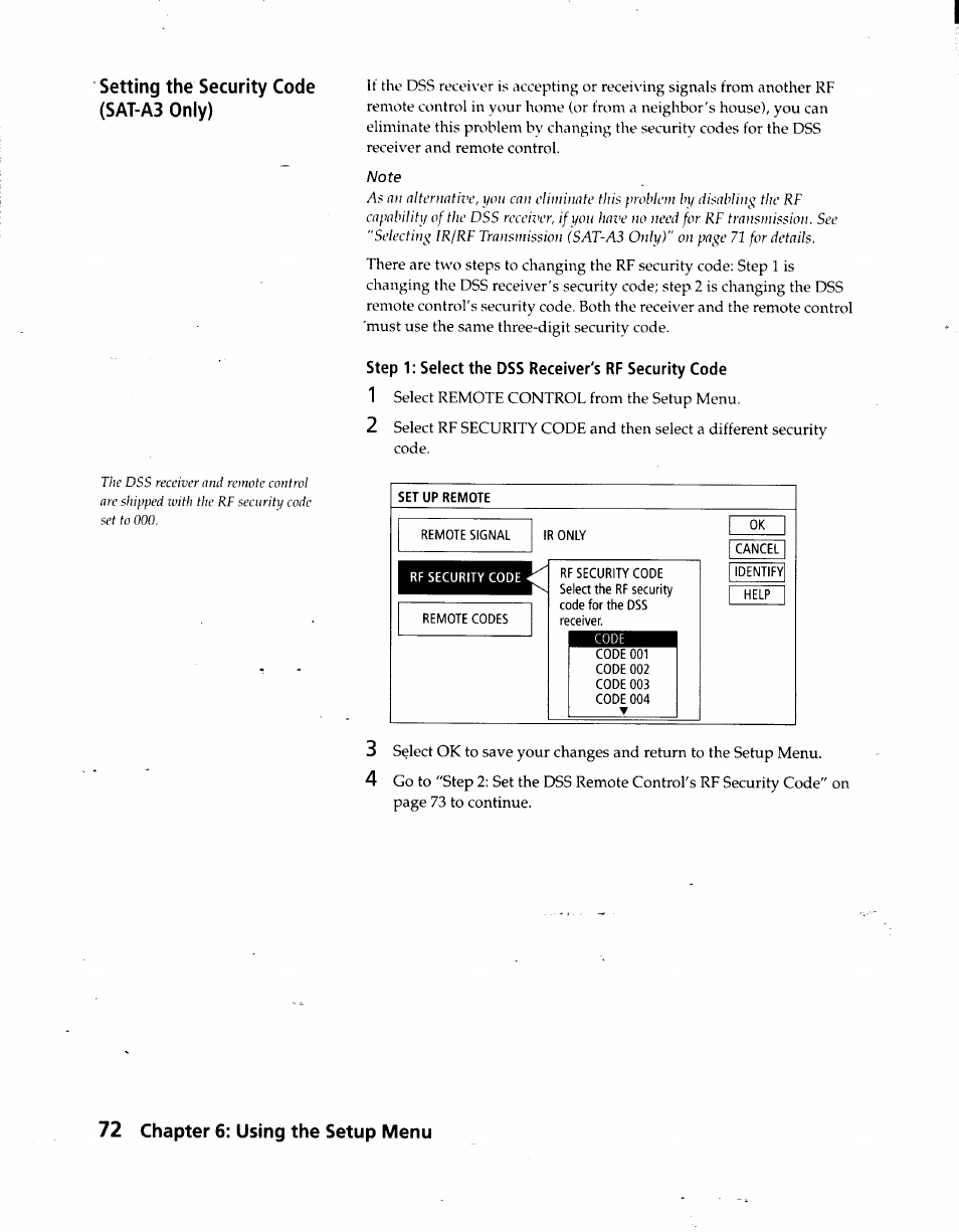 Step 1: select the dss receiver's rf security code, 72 chapter 6: using the setup menu | Sony SAT-A3 User Manual | Page 72 / 116