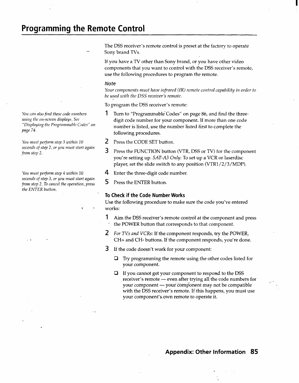 Programming the remote control, To check if the code number works, Appendix: other information 85 | Sony SAT-A3 User Manual | Page 85 / 116