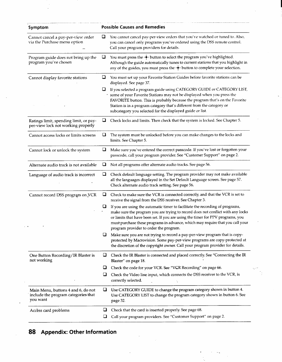88 appendix: other information, Symptom possible causes and remedies | Sony SAT-A3 User Manual | Page 88 / 116