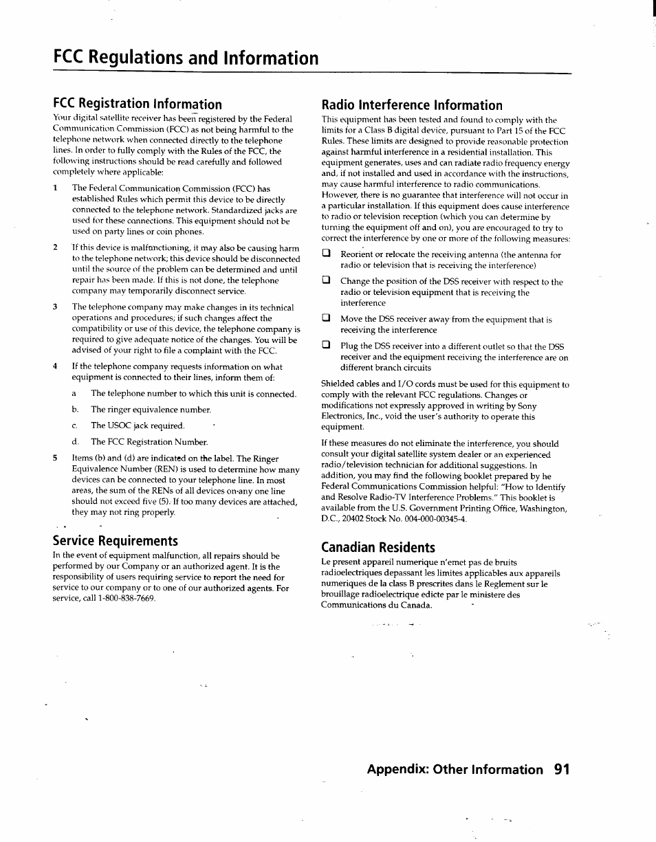Fcc regulations and information, Fcc registration information, Radio interference information | Service requirements, Canadian residents, Appendix: other information 91 | Sony SAT-A3 User Manual | Page 91 / 116