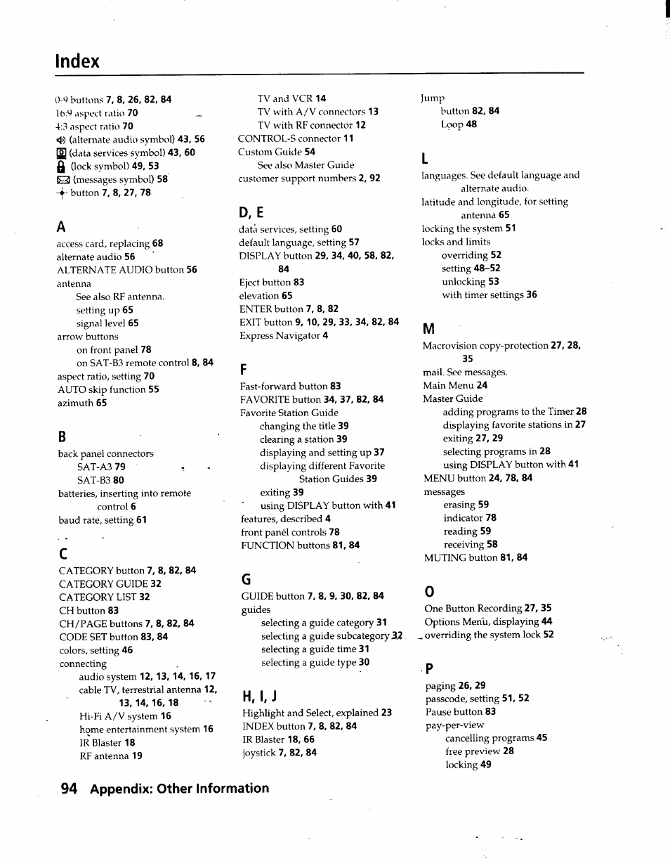 Index, 94 appendix: other information, D, e | Sony SAT-A3 User Manual | Page 94 / 116