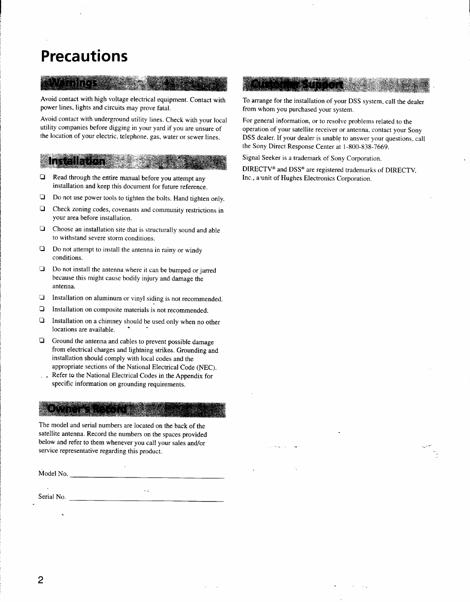 Precautions, Installation | Sony SAT-A3 User Manual | Page 97 / 116
