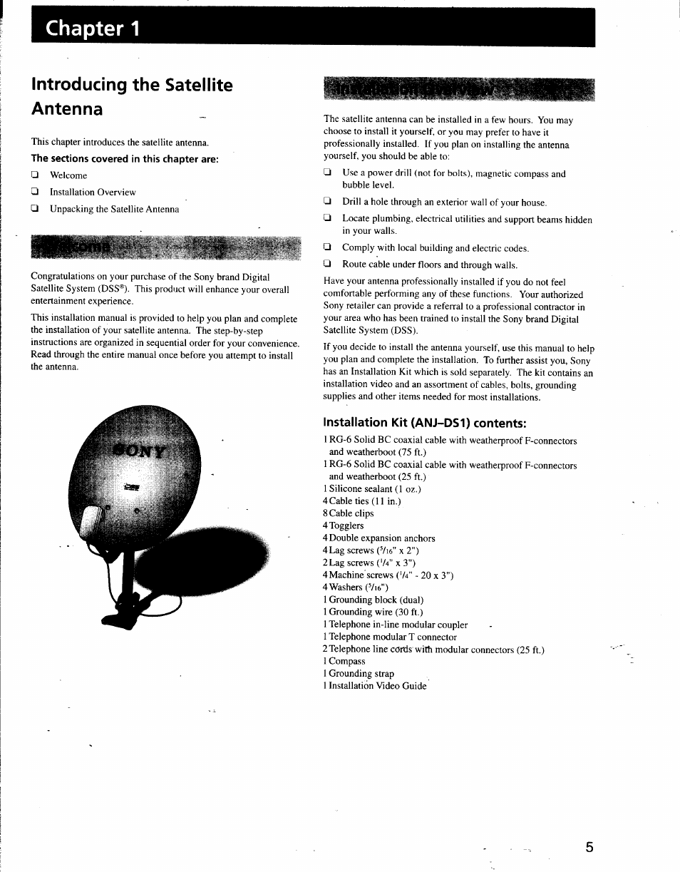 Installation kit (anj-ds1) contents, Chapter 1, Introducing the satellite antenna | Sony SAT-A3 User Manual | Page 99 / 116