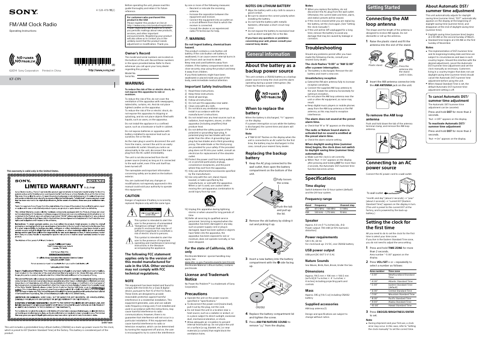 Sony ICF-C1PJ User Manual | 2 pages