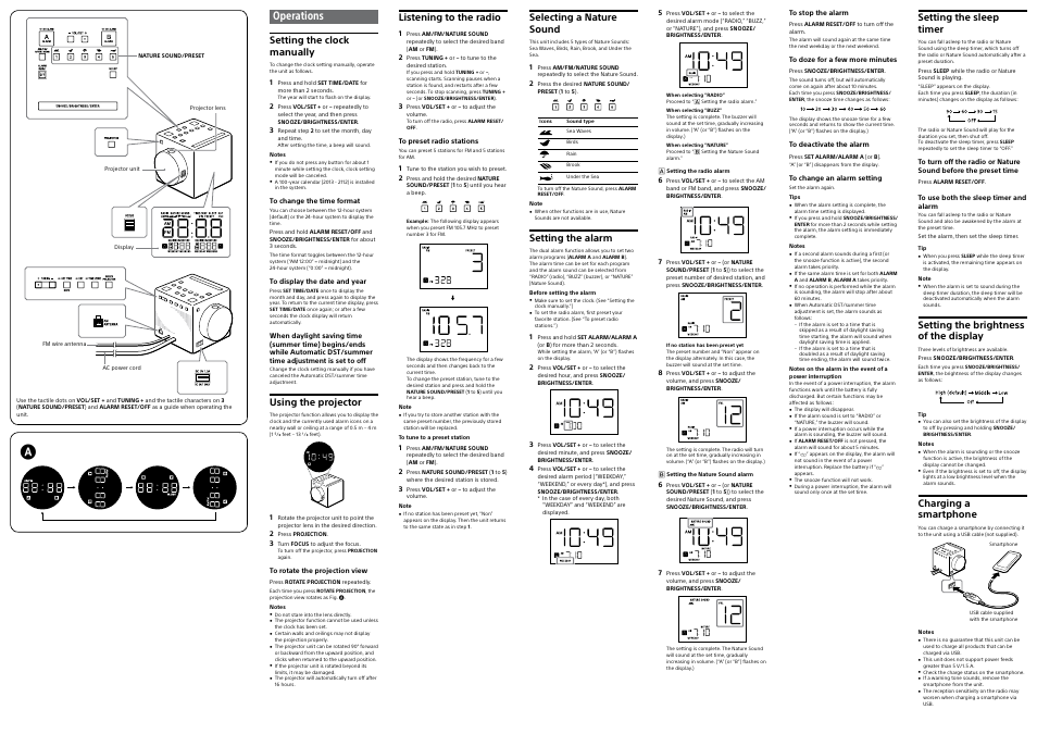 Operations, Setting the clock manually, Using the projector | Listening to the radio, Selecting a nature sound, Setting the alarm, Setting the sleep timer, Setting the brightness of the display, Charging a smartphone | Sony ICF-C1PJ User Manual | Page 2 / 2