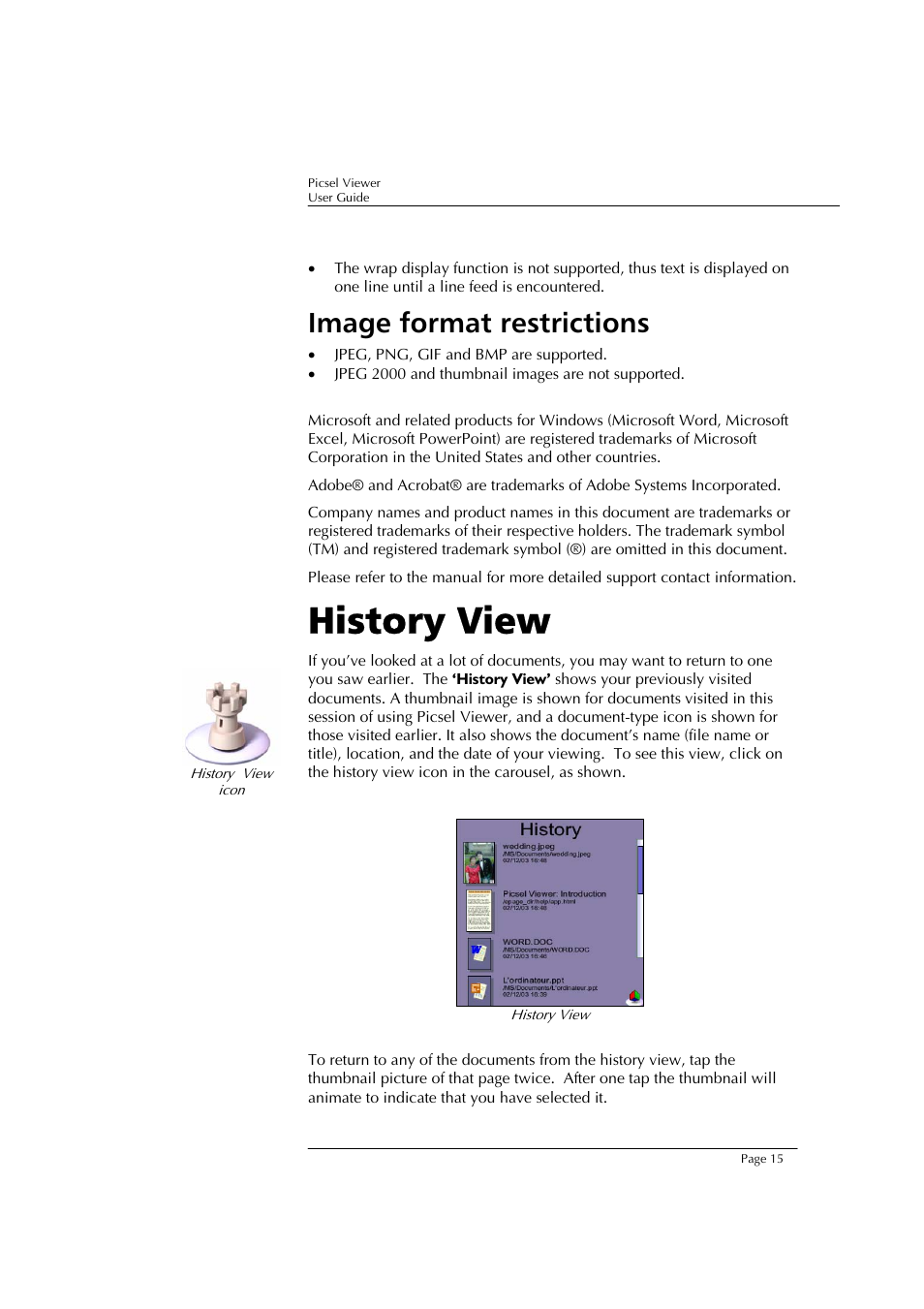 History view, Image format restrictions | Sony PEG-TJ37 User Manual | Page 15 / 24