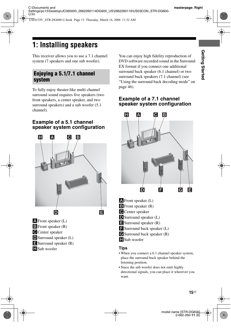 Installing speakers, Enjoying a 5.1/7.1 channel system | Sony STR-DG600 User Manual | Page 15 / 88