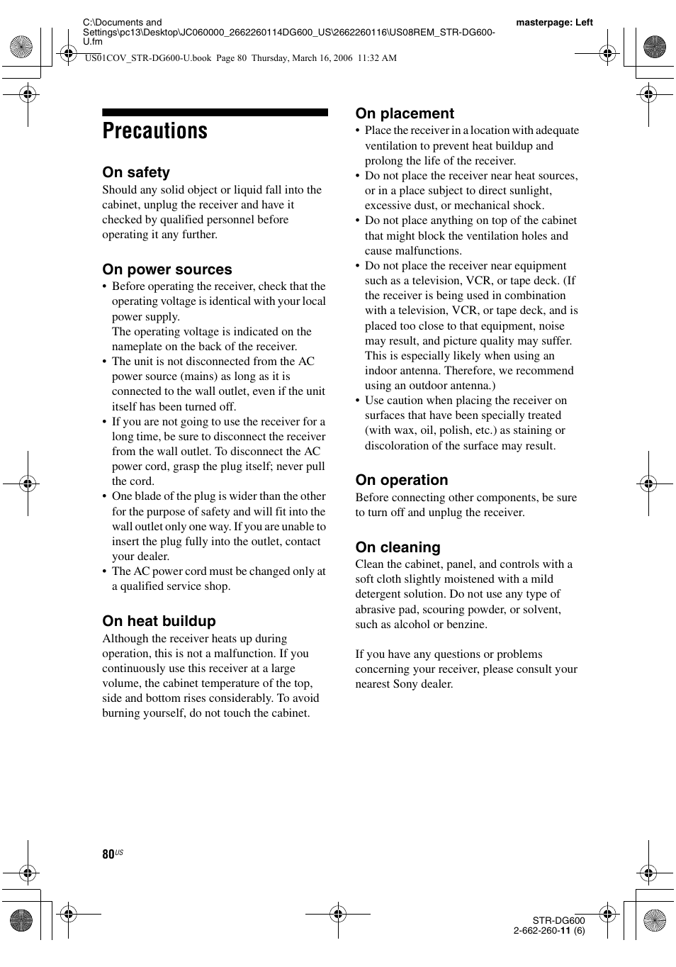 Precautions, On safety, On power sources | On heat buildup, On placement, On operation, On cleaning | Sony STR-DG600 User Manual | Page 80 / 88