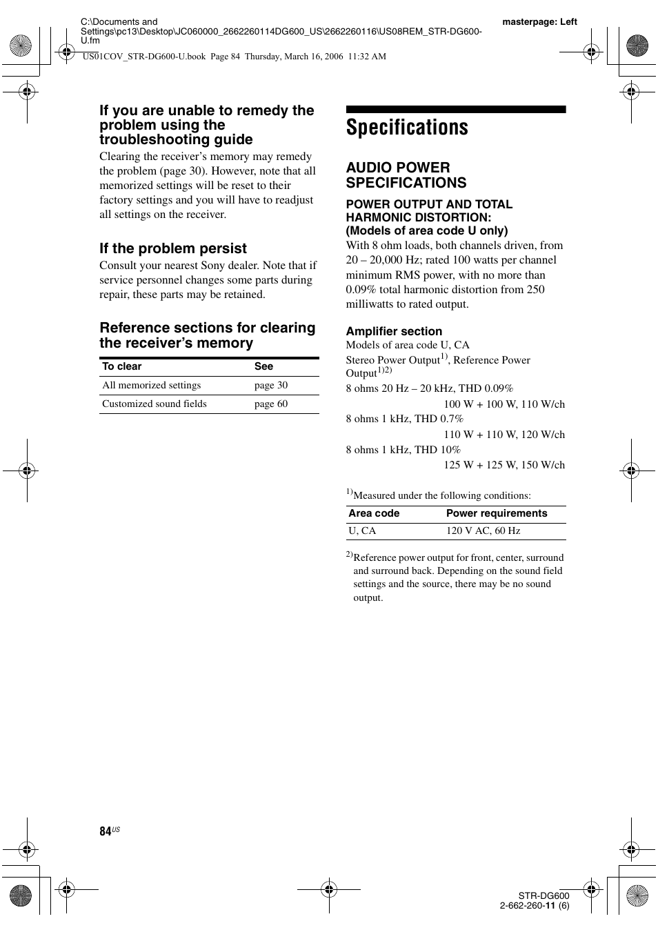 Specifications, If the problem persist, Audio power specifications | Sony STR-DG600 User Manual | Page 84 / 88