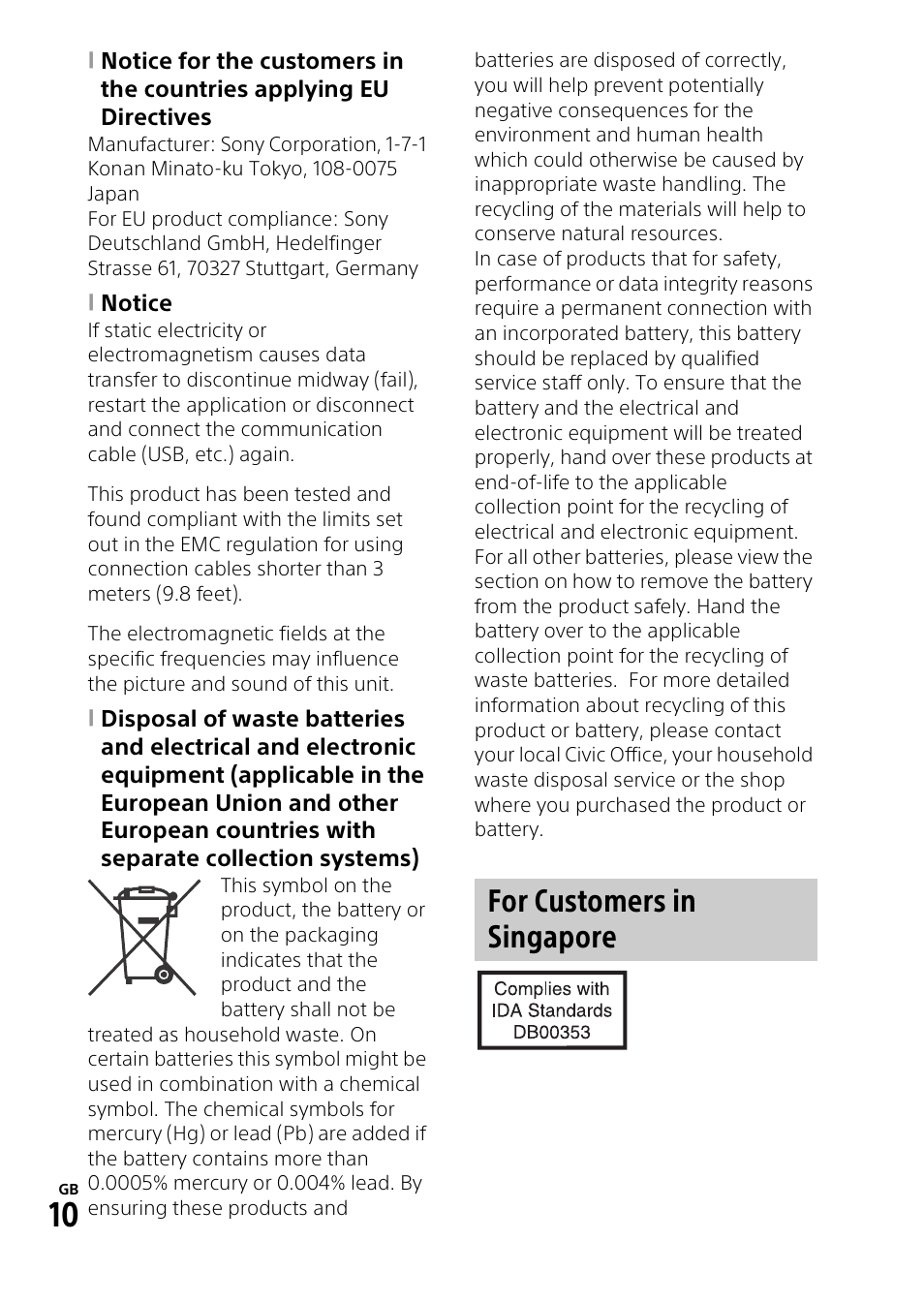 For customers in singapore | Sony HDR-CX900 User Manual | Page 10 / 56