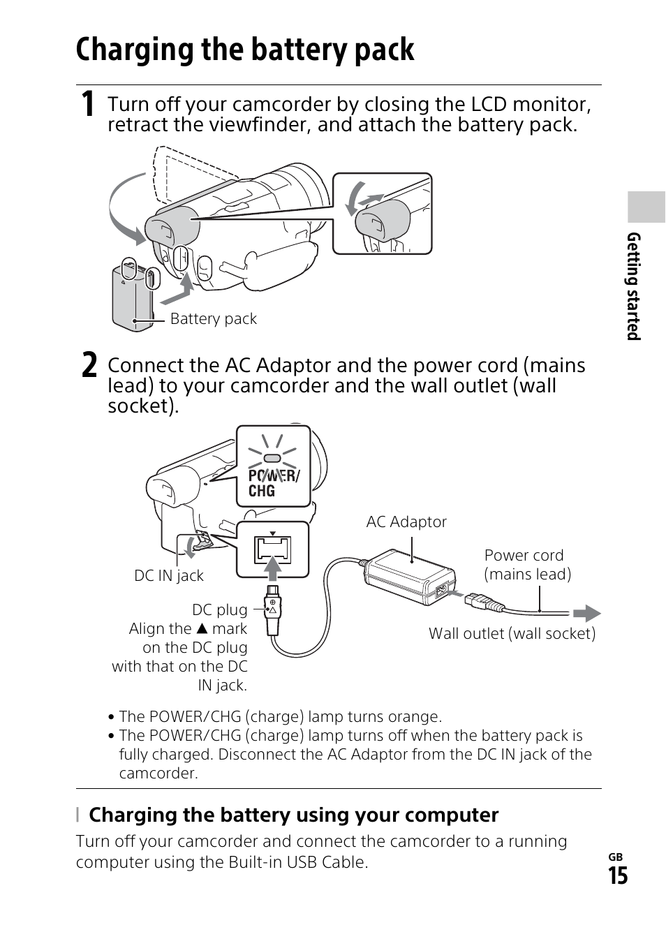 Charging the battery pack | Sony HDR-CX900 User Manual | Page 15 / 56