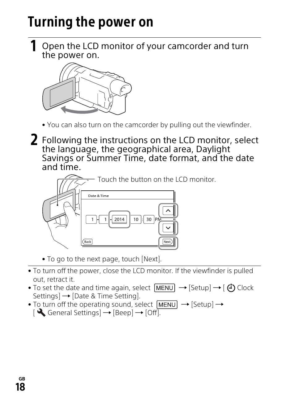 Turning the power on | Sony HDR-CX900 User Manual | Page 18 / 56
