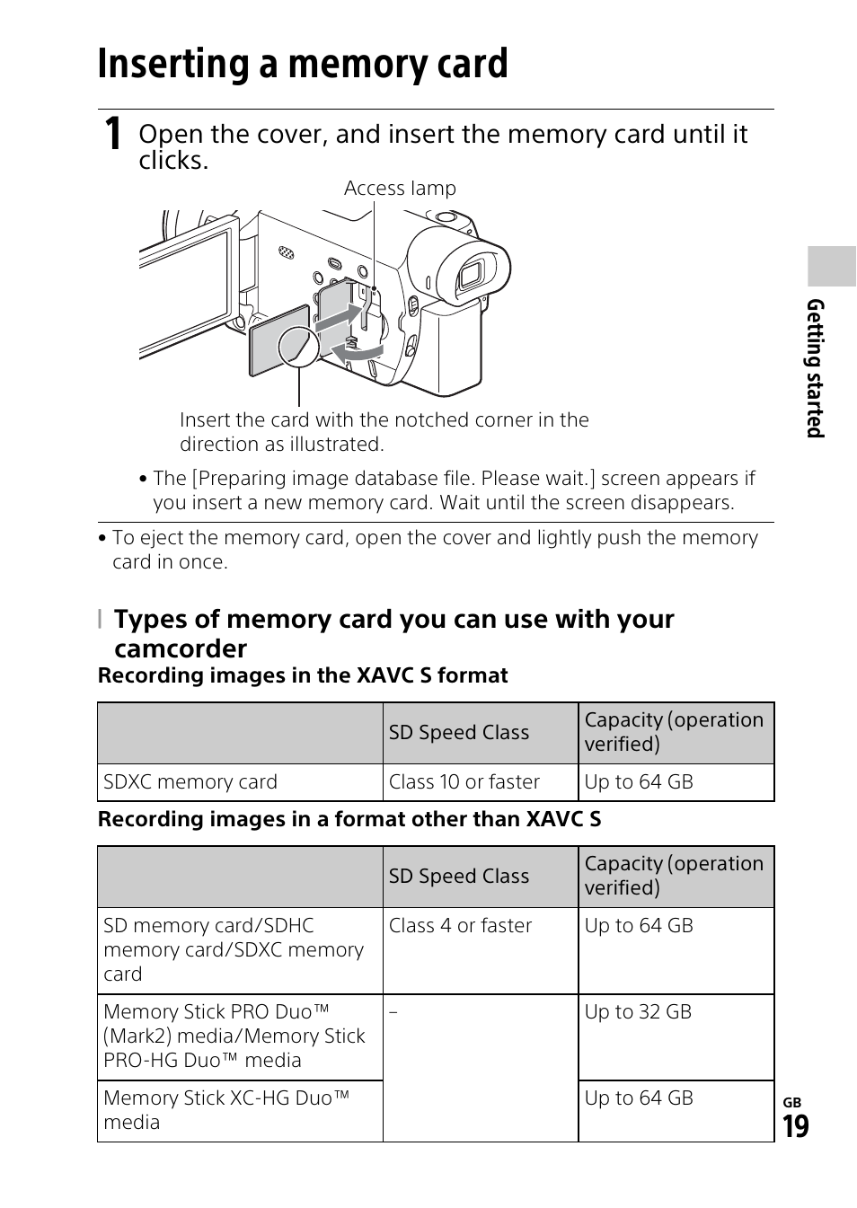 Inserting a memory card | Sony HDR-CX900 User Manual | Page 19 / 56