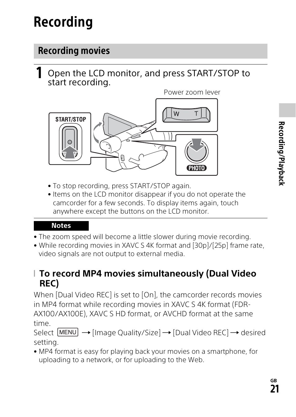 Recording/playback, Recording, Recording movies | Sony HDR-CX900 User Manual | Page 21 / 56