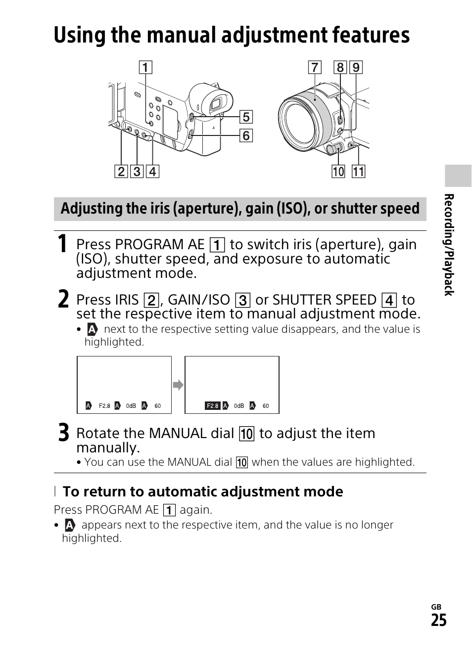 Using the manual adjustment features, Using the manual adjustment, Features | Sony HDR-CX900 User Manual | Page 25 / 56
