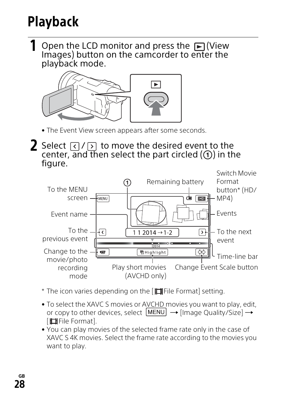 Playback | Sony HDR-CX900 User Manual | Page 28 / 56