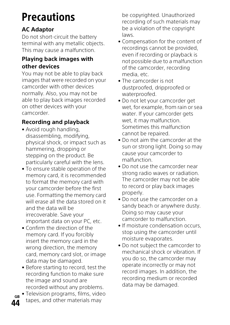 Others, Precautions | Sony HDR-CX900 User Manual | Page 44 / 56