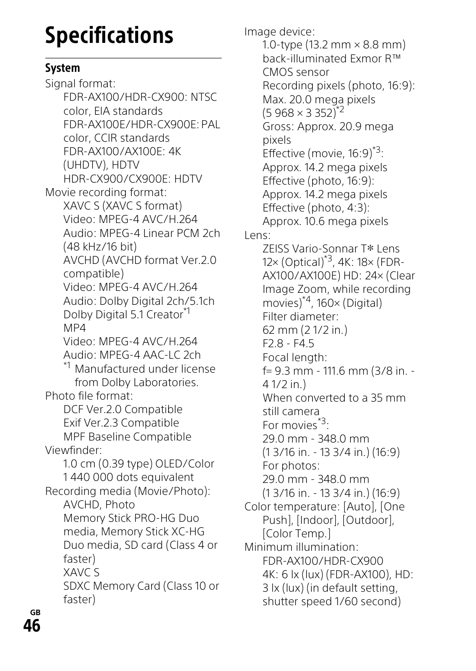 Specifications | Sony HDR-CX900 User Manual | Page 46 / 56