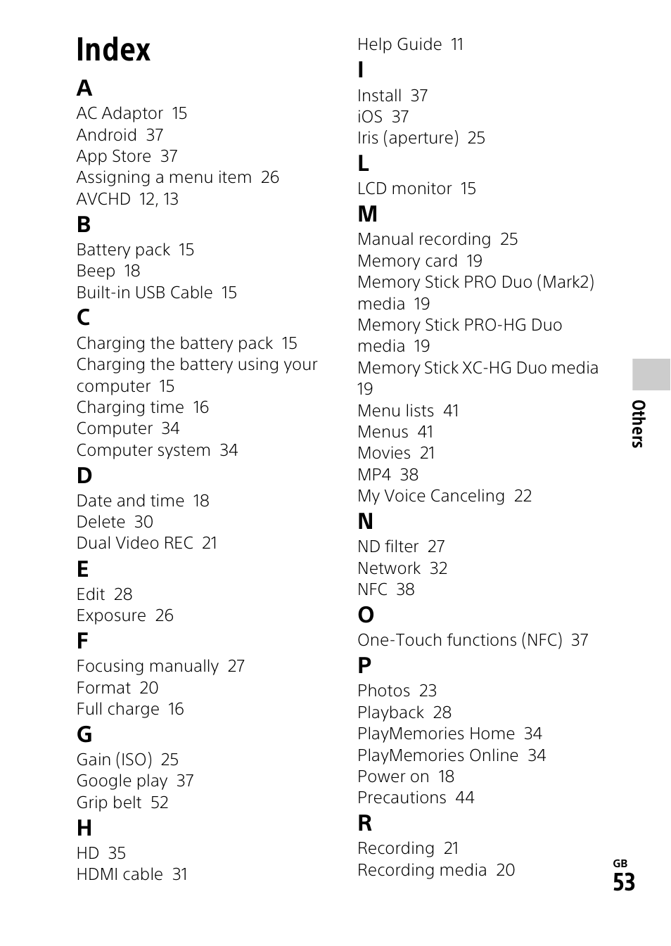 Index | Sony HDR-CX900 User Manual | Page 53 / 56
