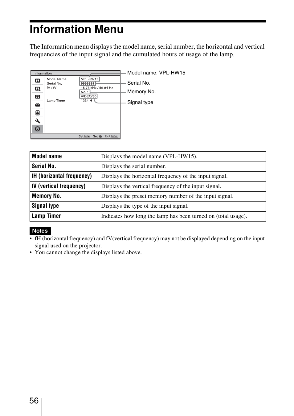 Information menu | Sony VPL-HW15 User Manual | Page 56 / 84
