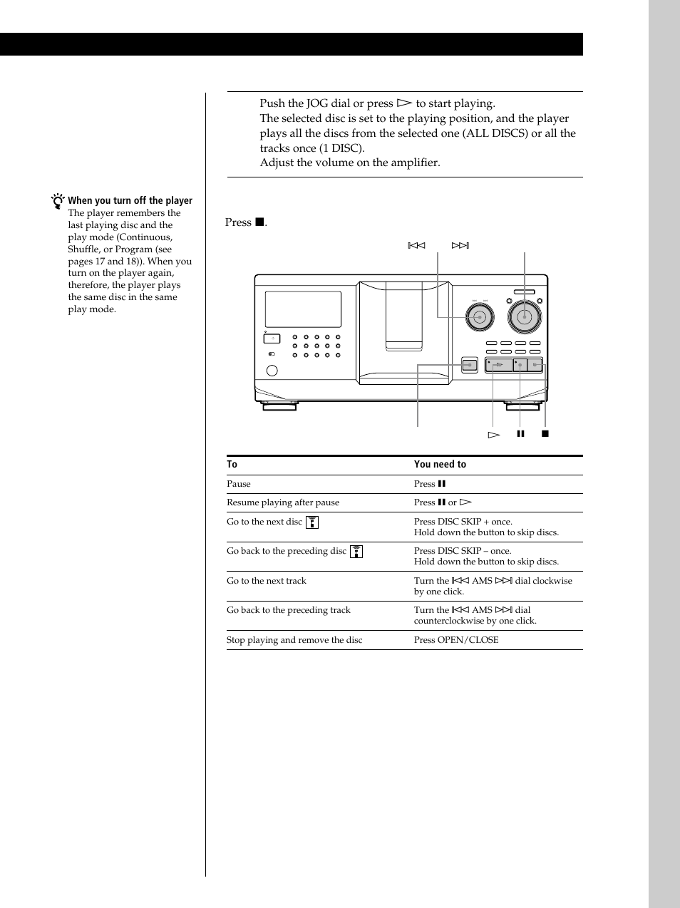 Basic operations, Press p, When you turn off the player | You need to, Open/close · p p | Sony CDP-CX335 User Manual | Page 11 / 36