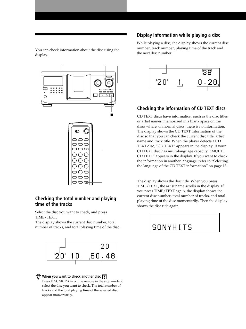Using the display, Playing cds, Display information while playing a disc | Checking the information of cd text discs | Sony CDP-CX335 User Manual | Page 12 / 36