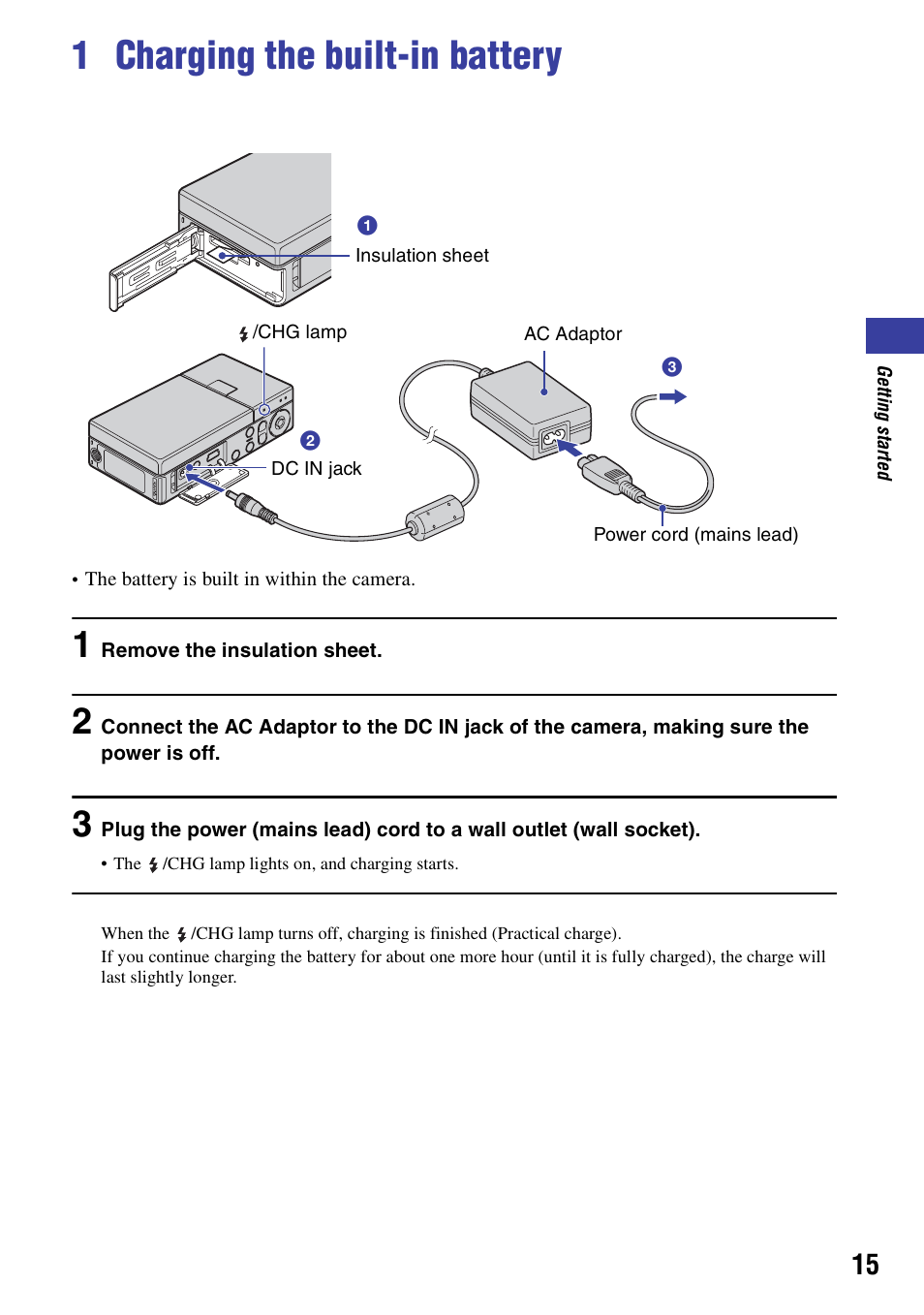 1 charging the built-in battery | Sony NSC-GC1 User Manual | Page 15 / 83