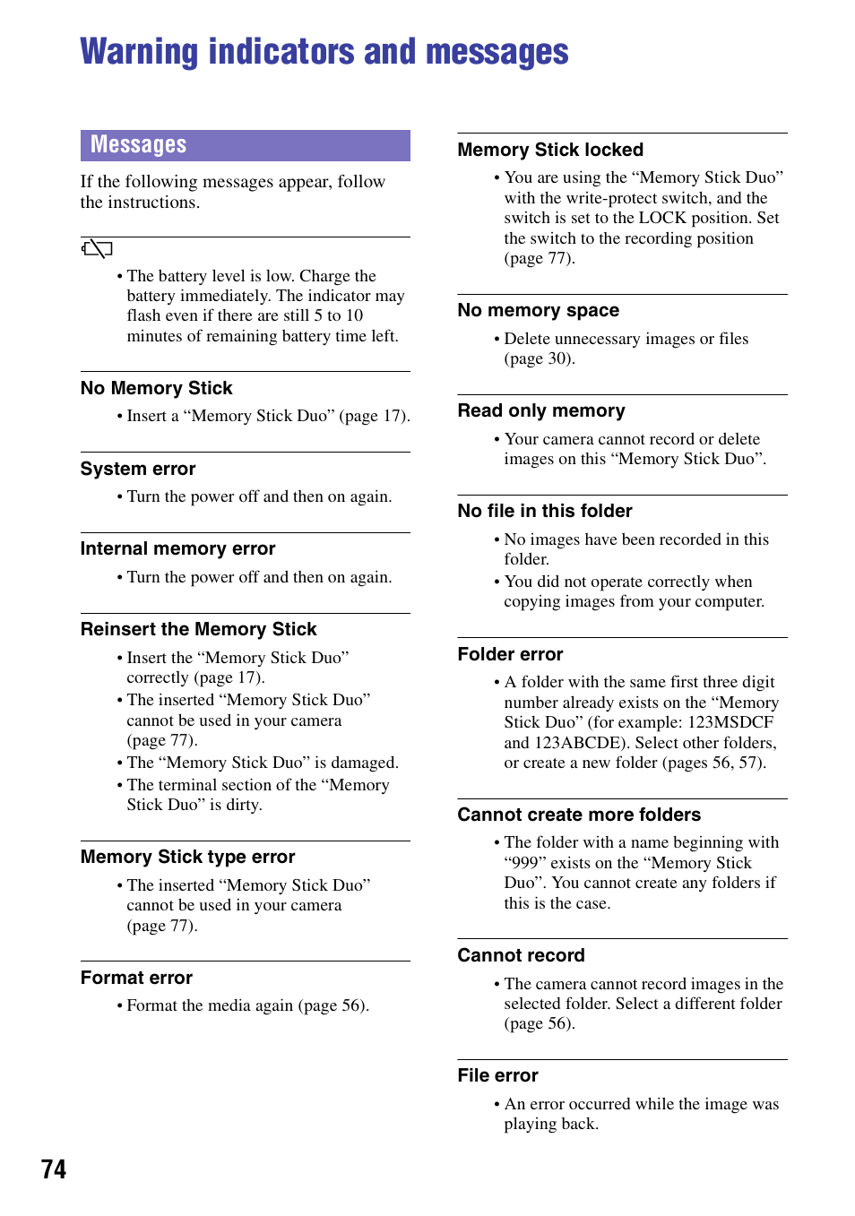 Warning indicators and messages, Ng (74), Messages | Sony NSC-GC1 User Manual | Page 74 / 83