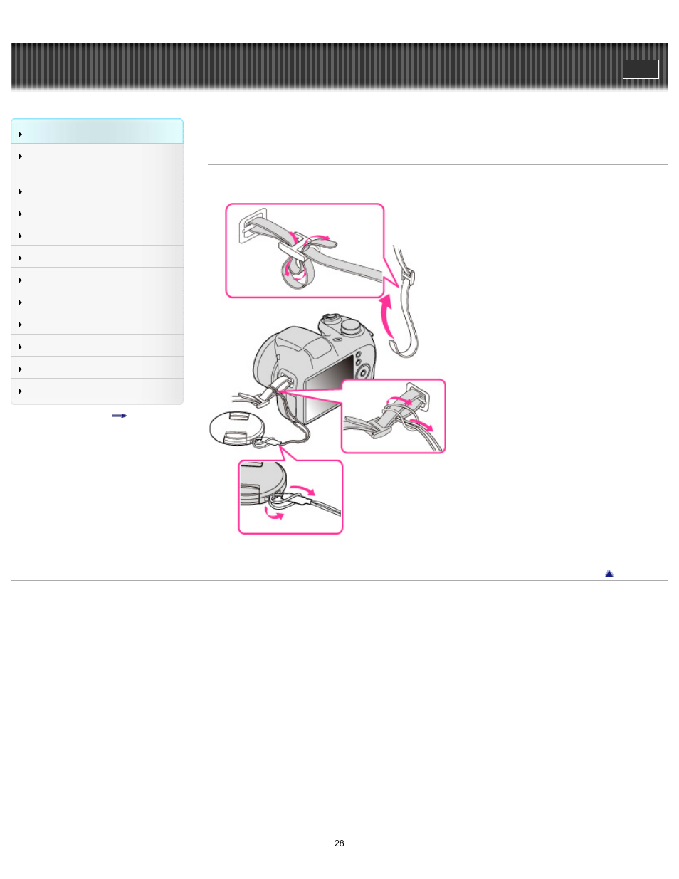 Using the shoulder strap, Cyber-shot user guide | Sony DSC-H200 User Manual | Page 28 / 179