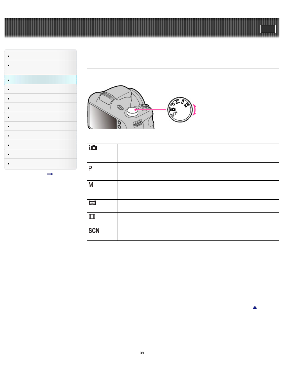 List of mode dial functions, Cyber-shot user guide | Sony DSC-H200 User Manual | Page 39 / 179