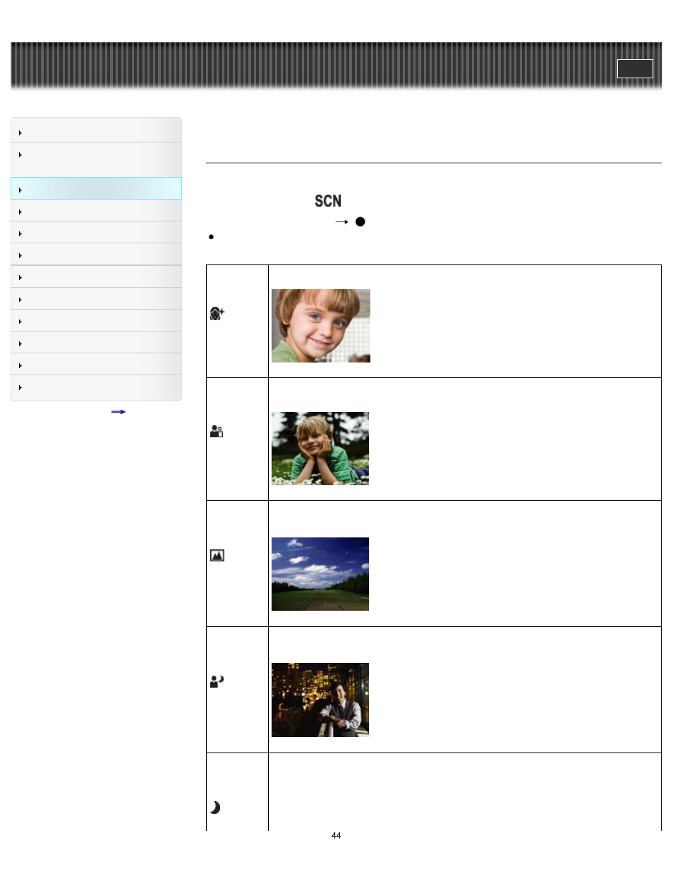 Scene selection, Cyber-shot user guide | Sony DSC-H200 User Manual | Page 44 / 179