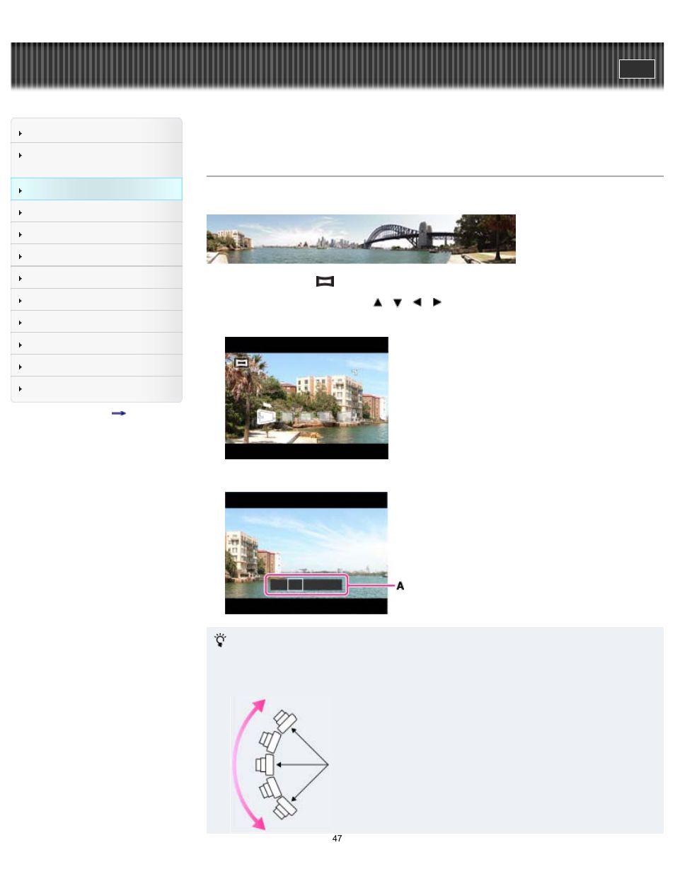Shooting panoramic images, Cyber-shot user guide | Sony DSC-H200 User Manual | Page 47 / 179