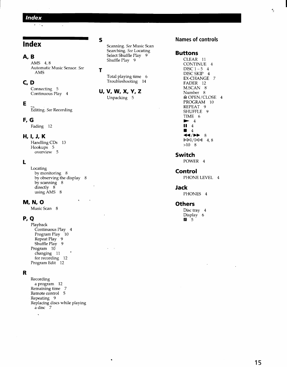Index, A, b, C, d | F, g, H. i, j, k, M, n, o, P, q, U, v. w, x, y, z, Names of controls buttons, Switch | Sony CDP-CA7ES User Manual | Page 15 / 15