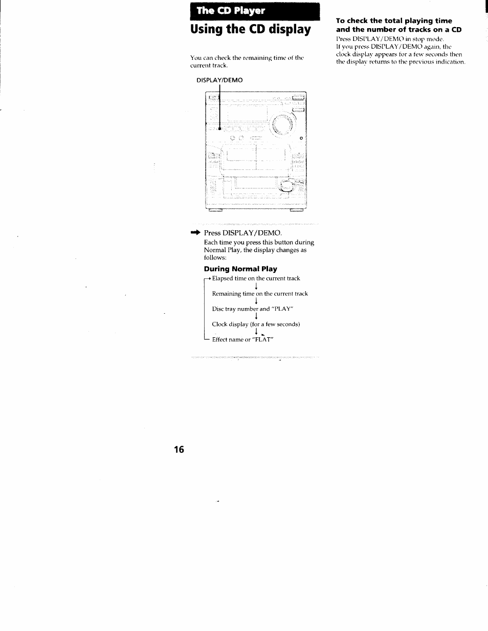 The cd player, Using the cd display, Display/demo | During normal play, The cd player using the cd display | Sony LBT-S3000 User Manual | Page 16 / 36