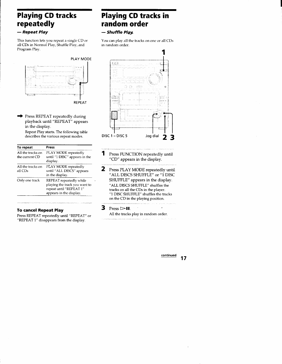 Playing cd tracks repeatedly, To cancel repeat play, Playing cd tracks in random order | Sony LBT-S3000 User Manual | Page 17 / 36