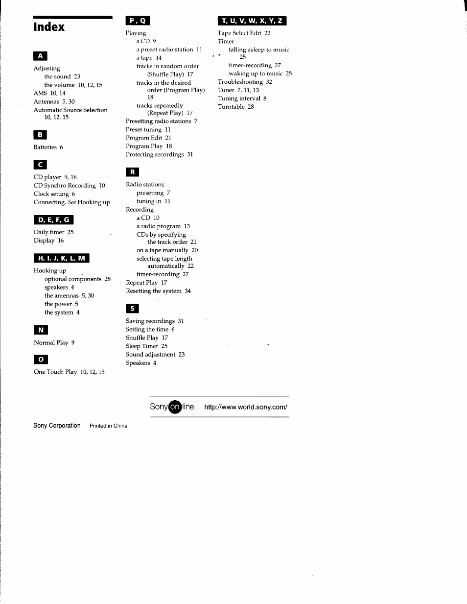 Index, T, u. v, w, x, y, z, H, i, j, k, l, m | Sony^^line littp://www. world.sony.com | Sony LBT-S3000 User Manual | Page 36 / 36