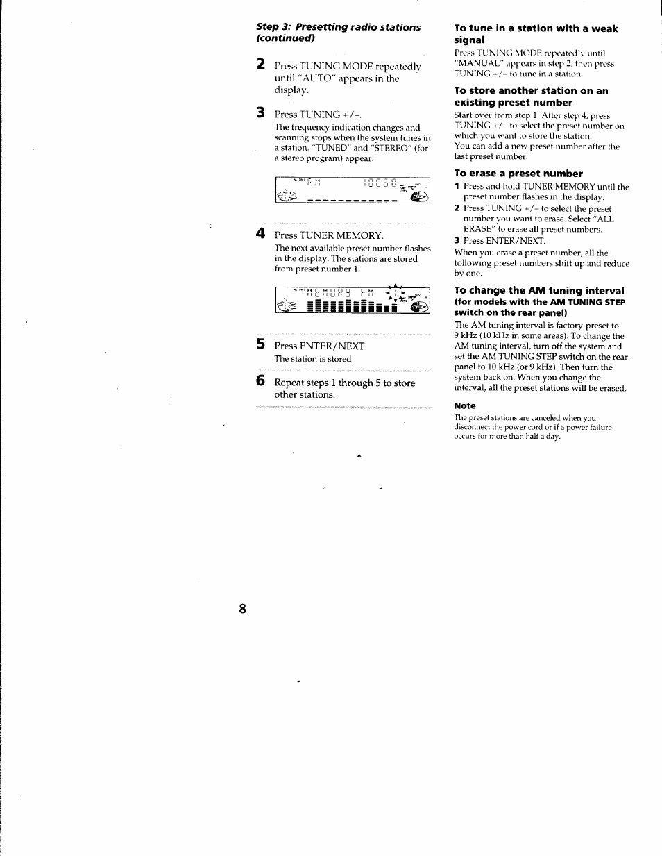 To tune in a station with a weak signal, To erase a preset number | Sony LBT-S3000 User Manual | Page 8 / 36