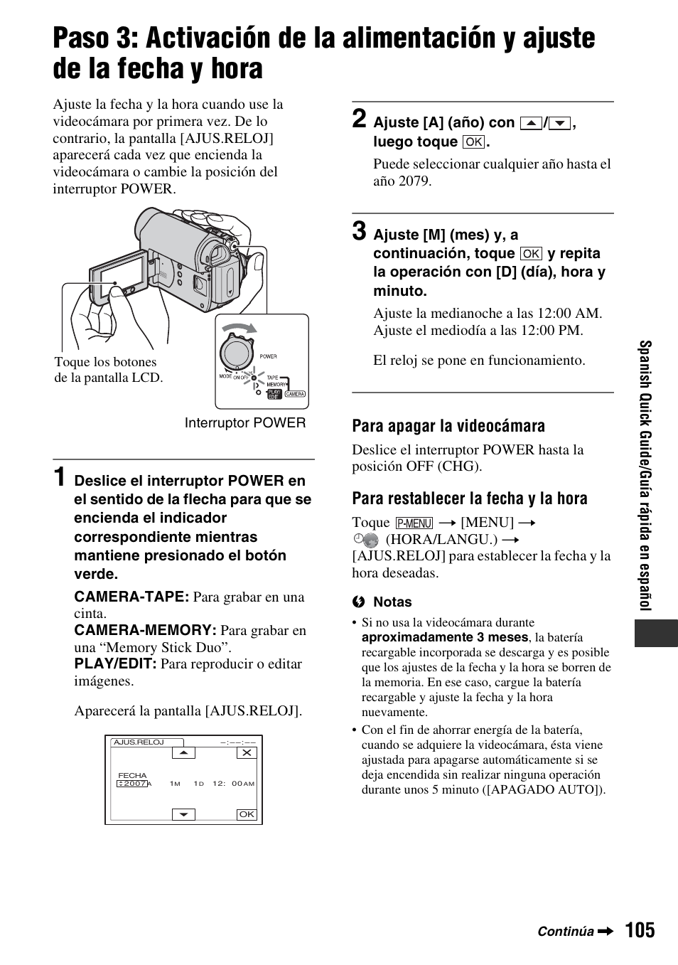 Para apagar la videocámara, Para restablecer la fecha y la hora | Sony DCR-HC48 User Manual | Page 105 / 116
