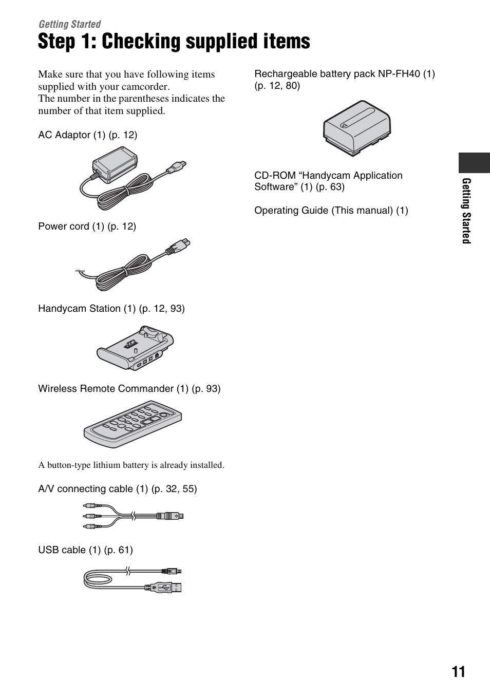 Getting started, Step 1: checking supplied items | Sony DCR-HC48 User Manual | Page 11 / 116