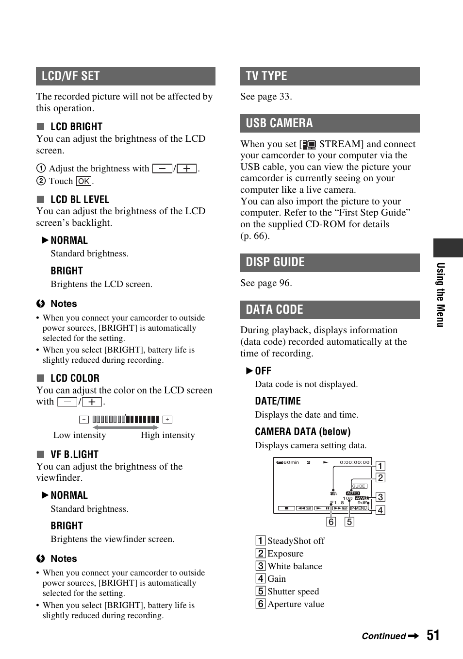 Lcd/vf set, Tv type usb camera disp guide data code | Sony DCR-HC48 User Manual | Page 51 / 116