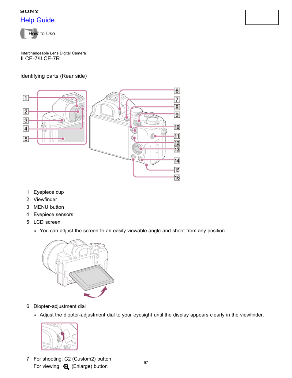 Identifying parts (rear side), Help guide | Sony ILCE-7K User Manual | Page 106 / 455