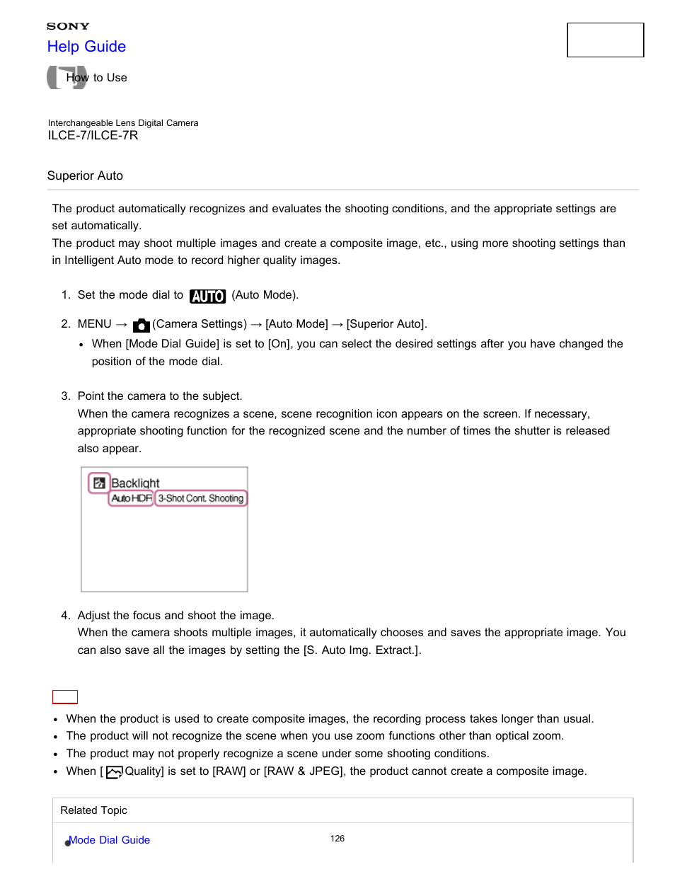 Superior auto, Help guide | Sony ILCE-7K User Manual | Page 135 / 455