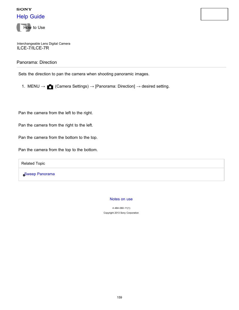 Panorama: direction, Help guide | Sony ILCE-7K User Manual | Page 168 / 455